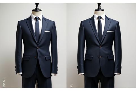 Before and after showing a ill-fitting suit transformed into a perfectly tailored one.