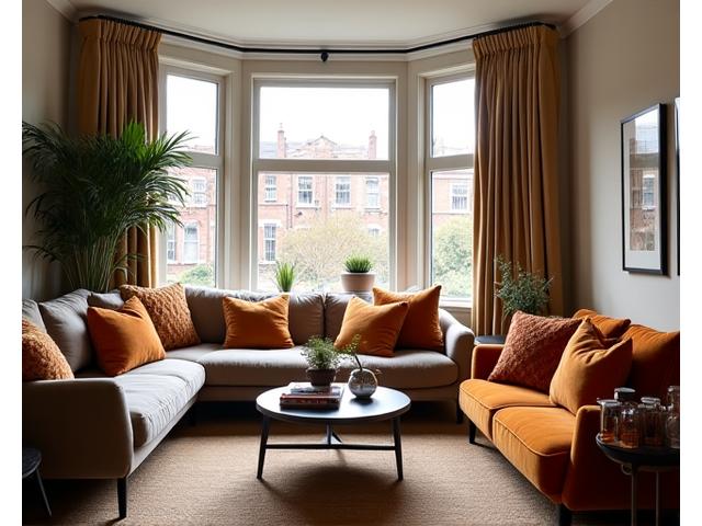 A beautifully designed, light-filled living room in a Bristol home, showcasing a mix of contemporary and artisan decor, with a large window overlooking a city view