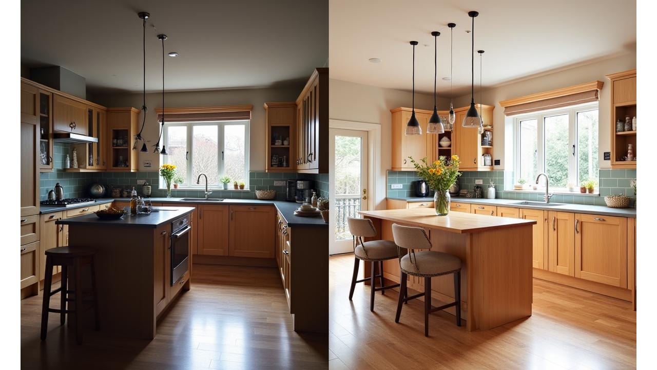 Before and after of a family home kitchen and dining area in Bishopston, showing a bright, functional, and family-friendly transformation.