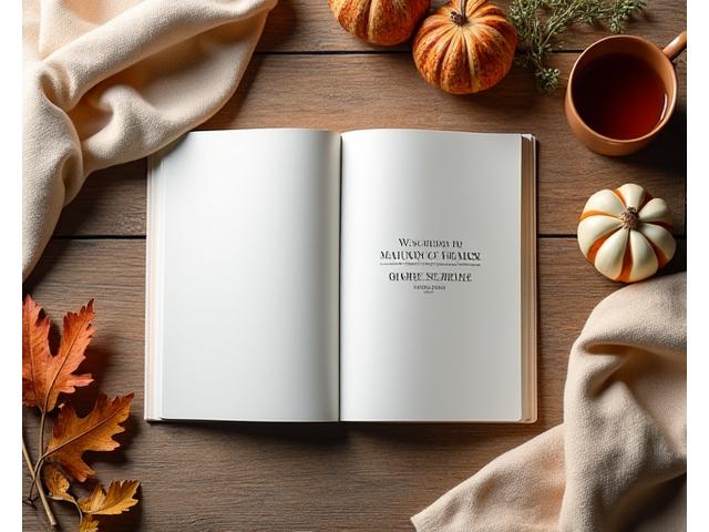 A beautifully laid out flat lay of a notebook with 'Seasonal Living Guide' title, surrounded by autumn leaves, a cosy knit, and a cup of tea, evoking comfort and seasonality.